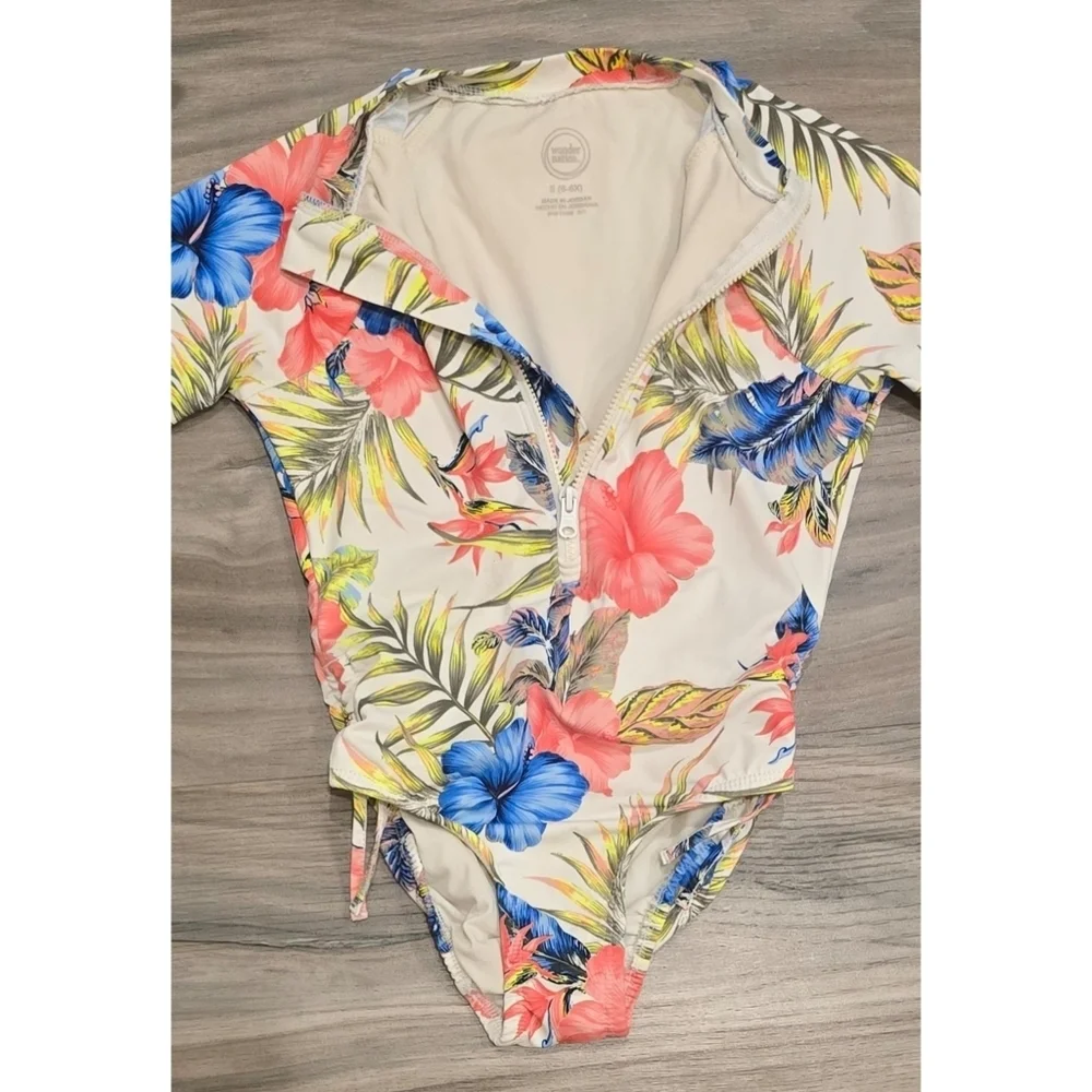 Wonder Nation Floral Rashguard One-Piece Swimsuit Size 6 Long Sleeve Zip Front